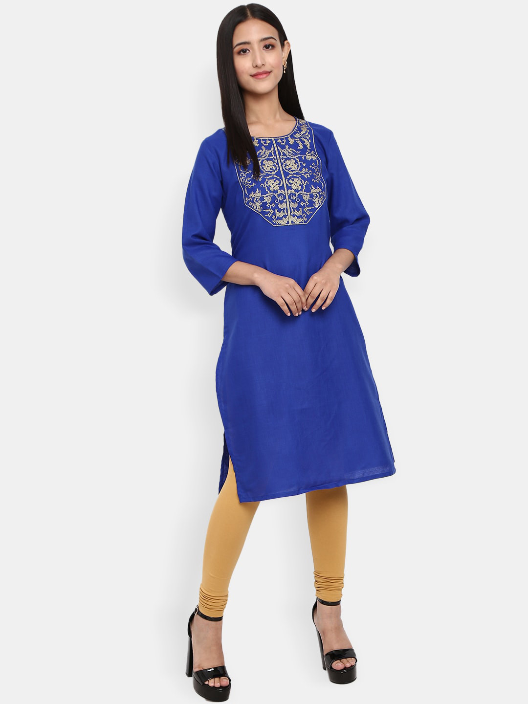 

Desi Mix Women Blue Floral Yoke Design Thread Work Kurta