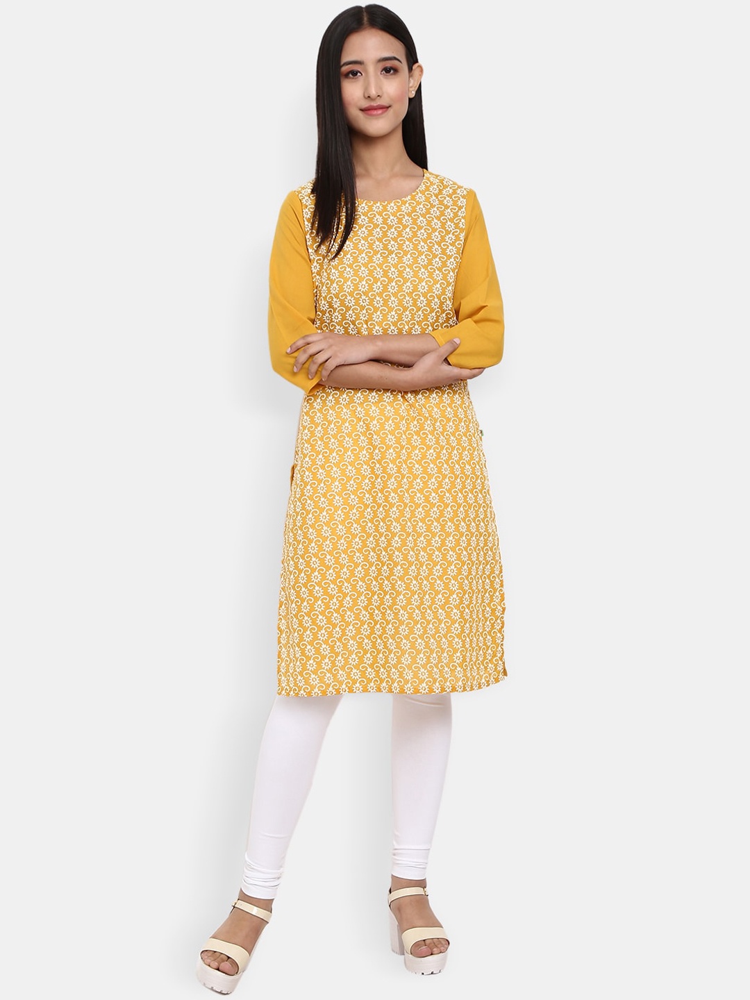 

Desi Mix Women Mustard Yellow Floral Embroidered Kurta