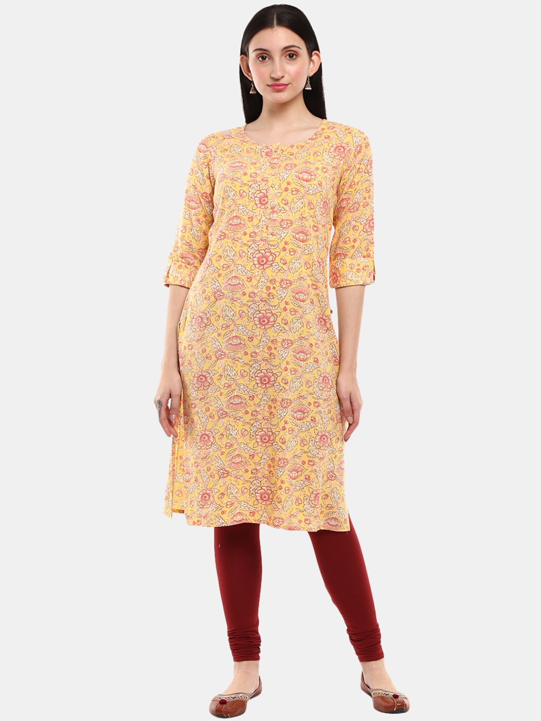 

Desi Mix Women Mustard Yellow Floral Printed Thread Work Kurta
