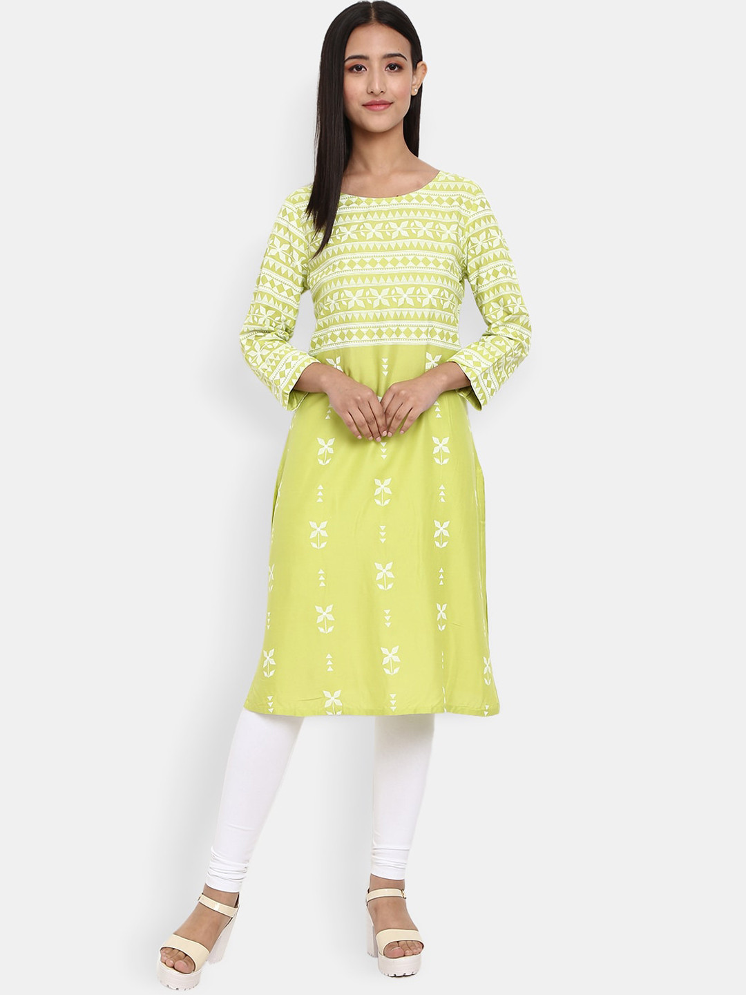 

Desi Mix Women Green & White Ethnic Motifs Printed Kurta