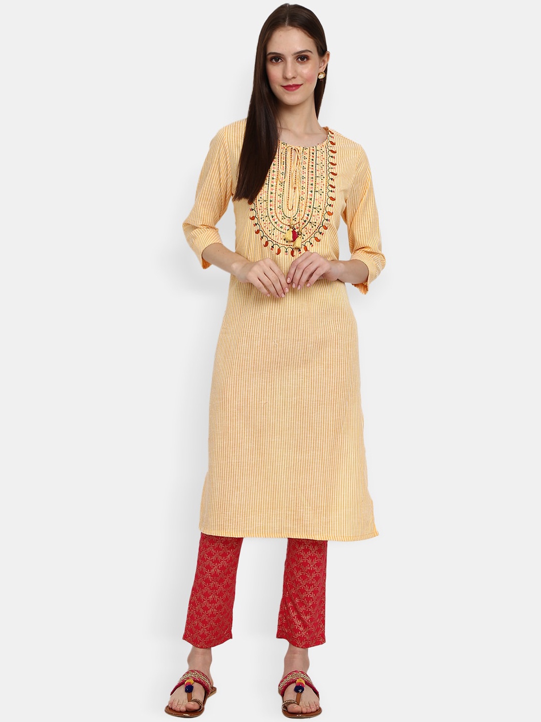 

Desi Mix Women Yellow Yoke Design Keyhole Neck Kurta