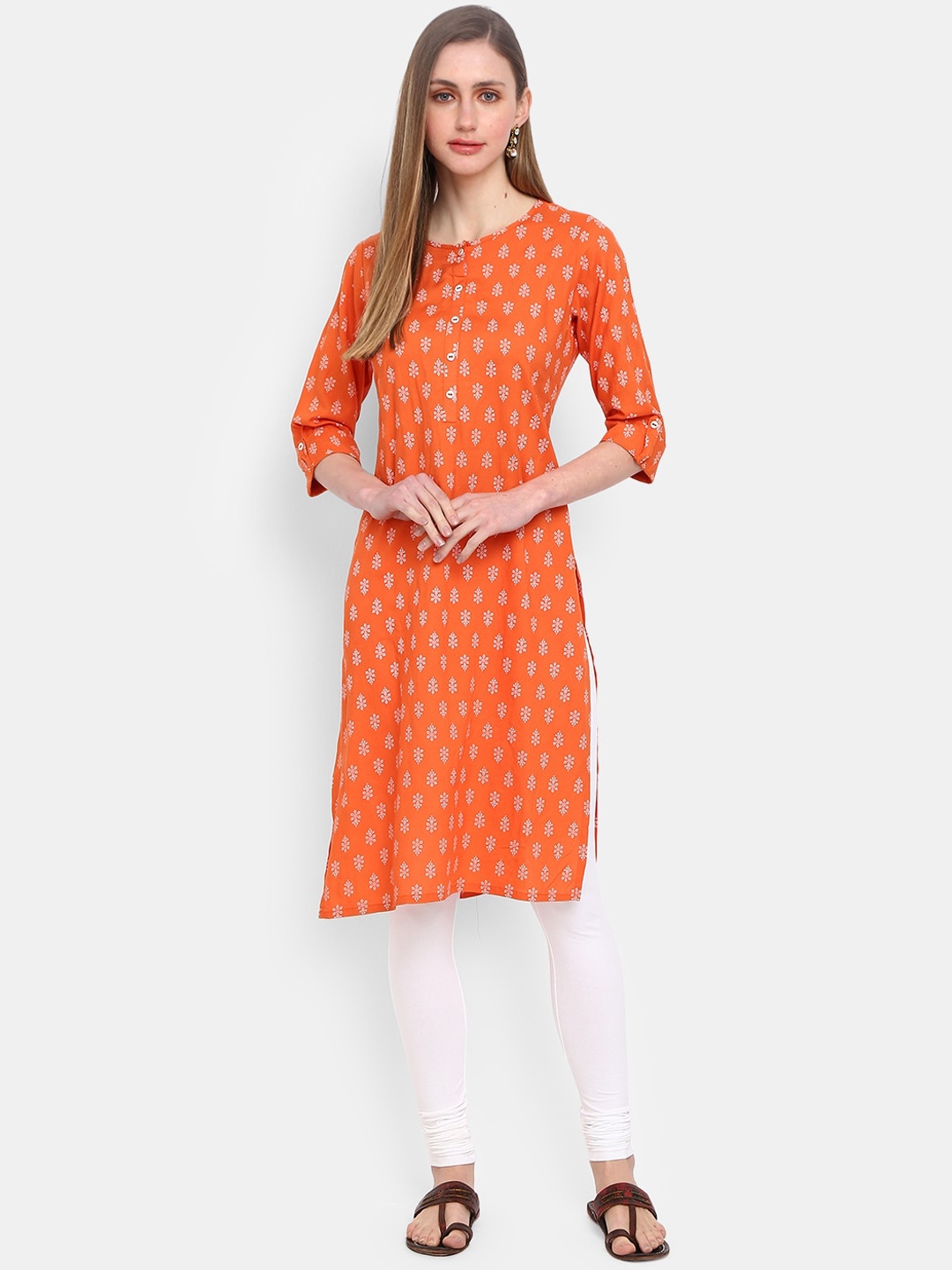 

Desi Mix Women Orange Floral Printed Thread Work Kurta