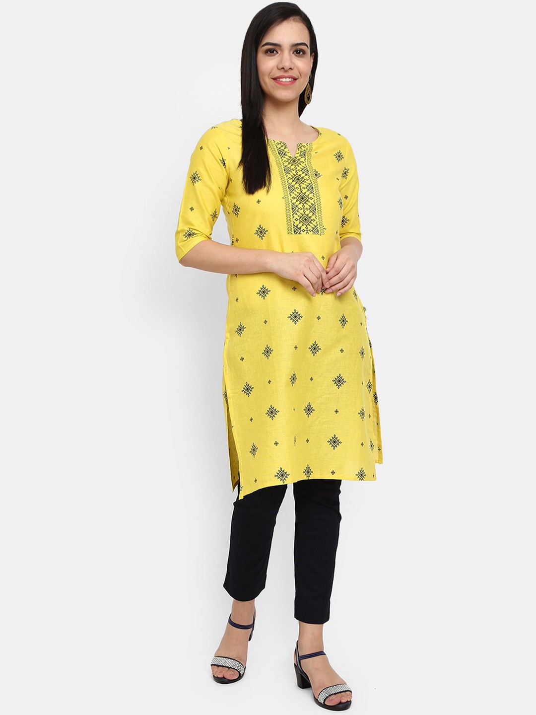 

Desi Mix Women Yellow Ethnic Geometric Printed Kurta