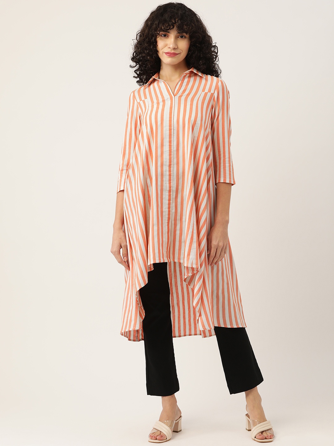 

FABNEST Orange & Off White Shirt Collar Striped Cotton High-Low Tunic