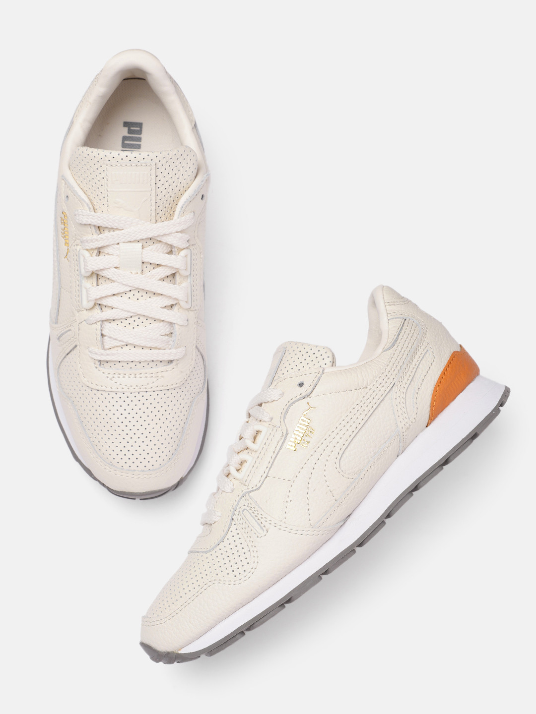 

Puma Unisex Perforated Leather Sneakers, Beige