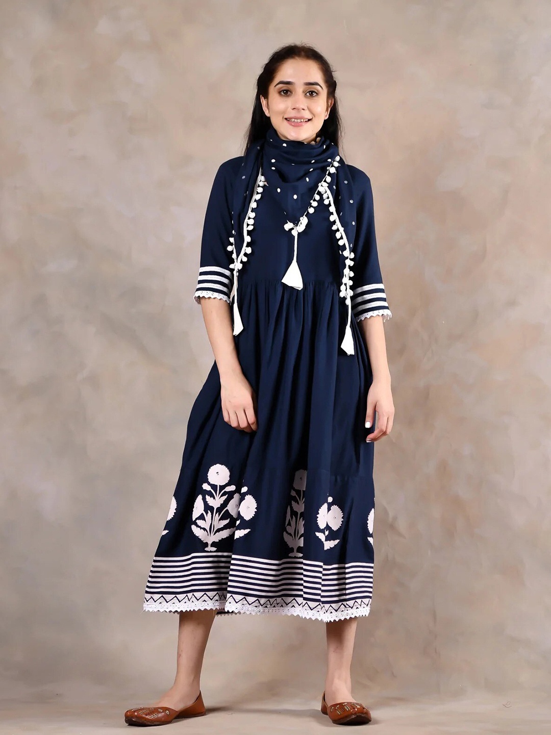 

Rustorange Blue & White Floral A-Line Midi Dress