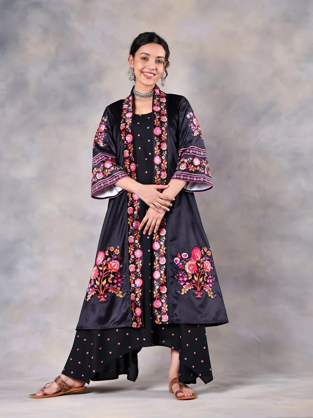 

Rustorange Black Floral Rayon Maxi Dress