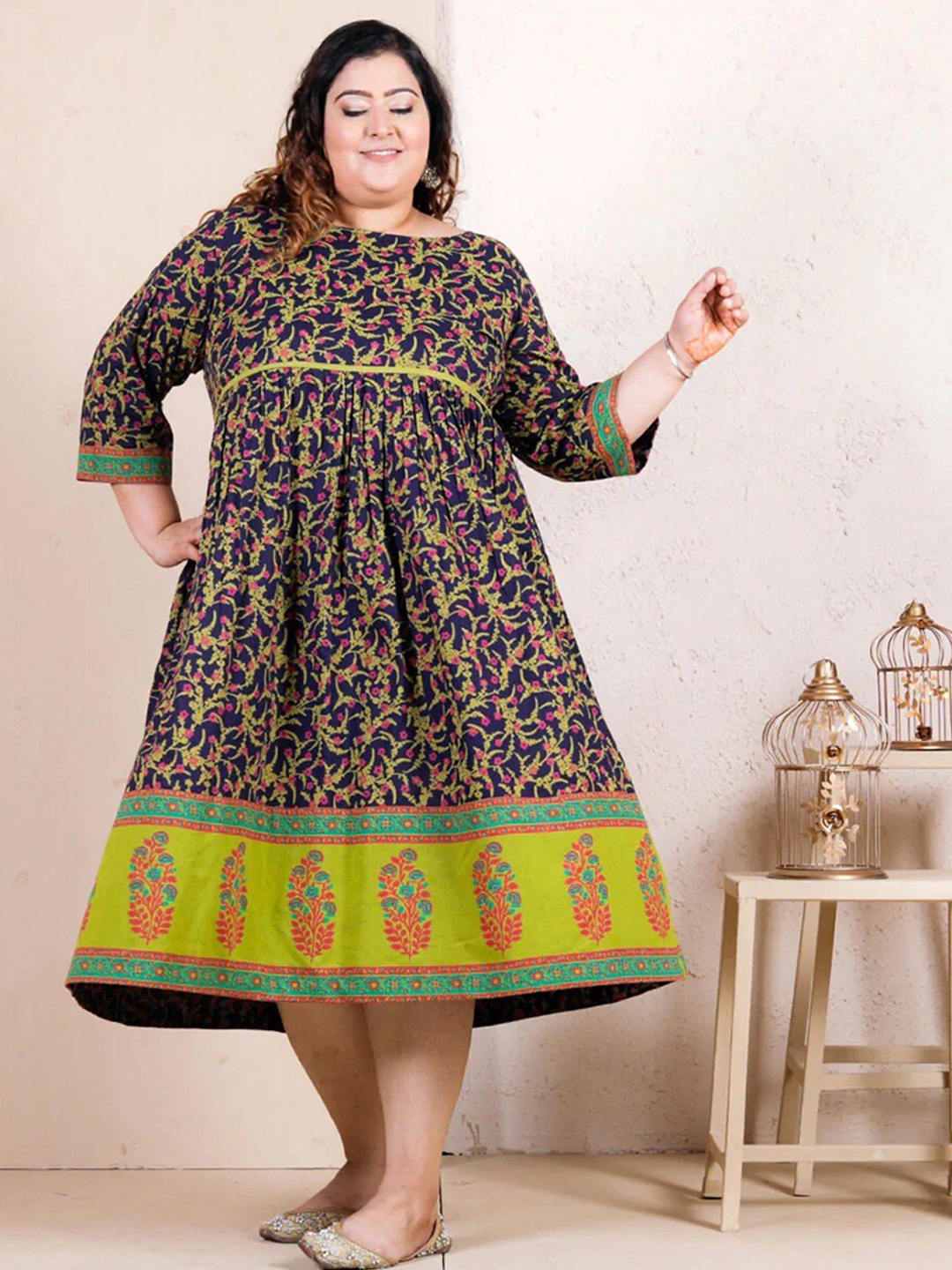 

Rustorange Navy Blue & Green Ethnic Motifs Rayon A-Line Midi Dress