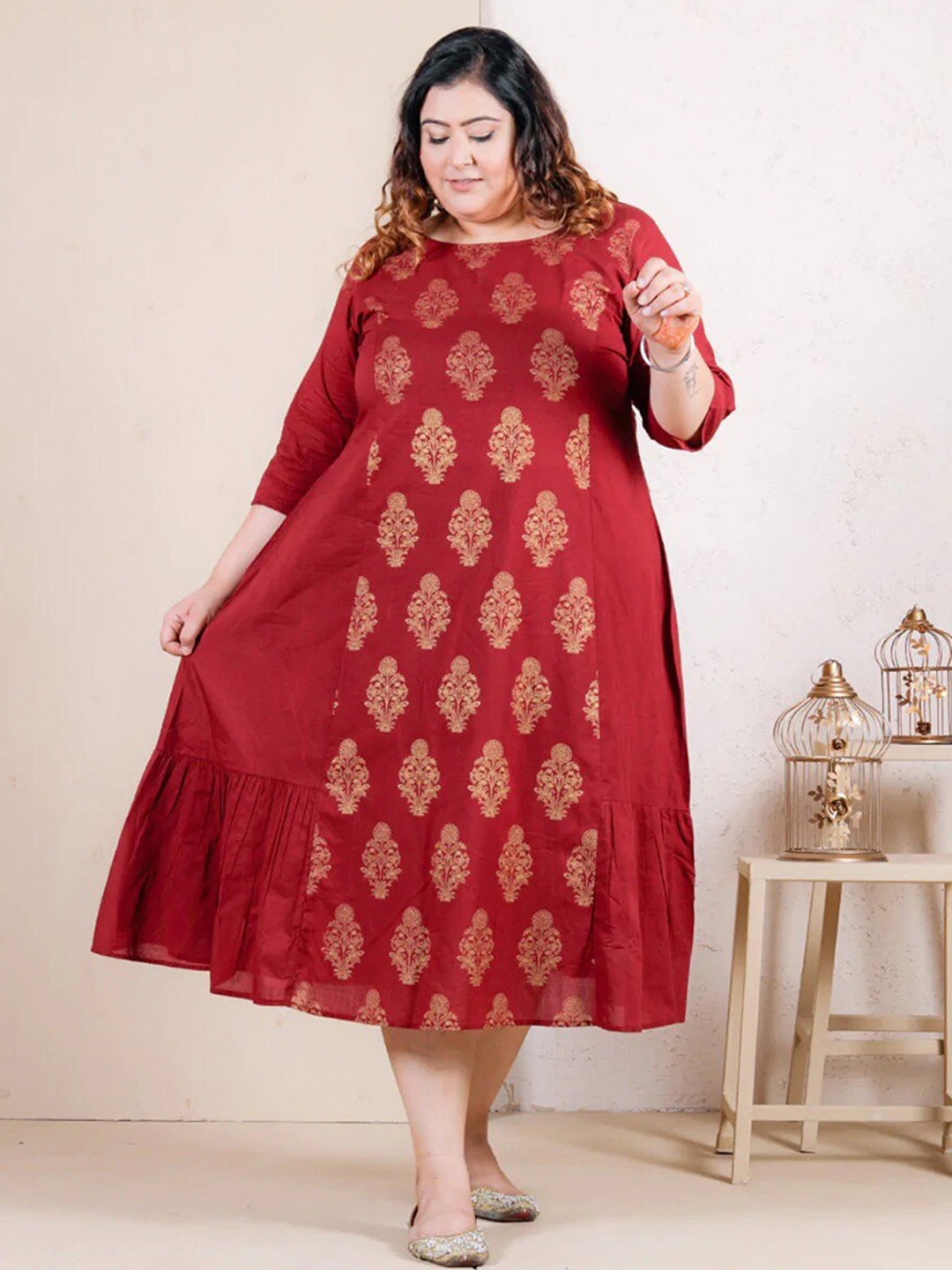 

Rustorange Maroon Ethnic Motifs Rayon A-Line Midi Dress