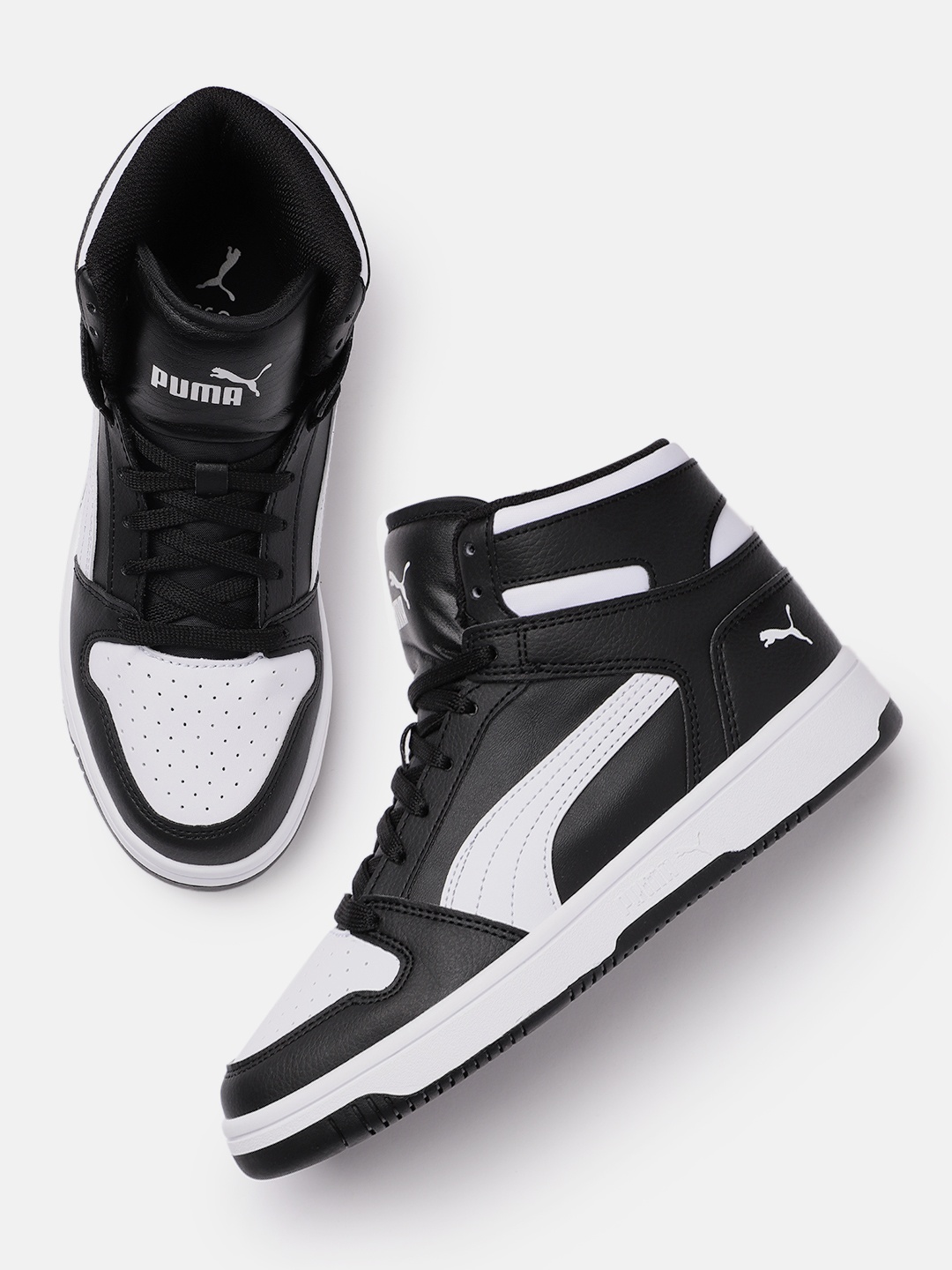 

Puma Unisex Black & White Textured Rebound Layup Wide Mid-Top Sneakers with Perforations
