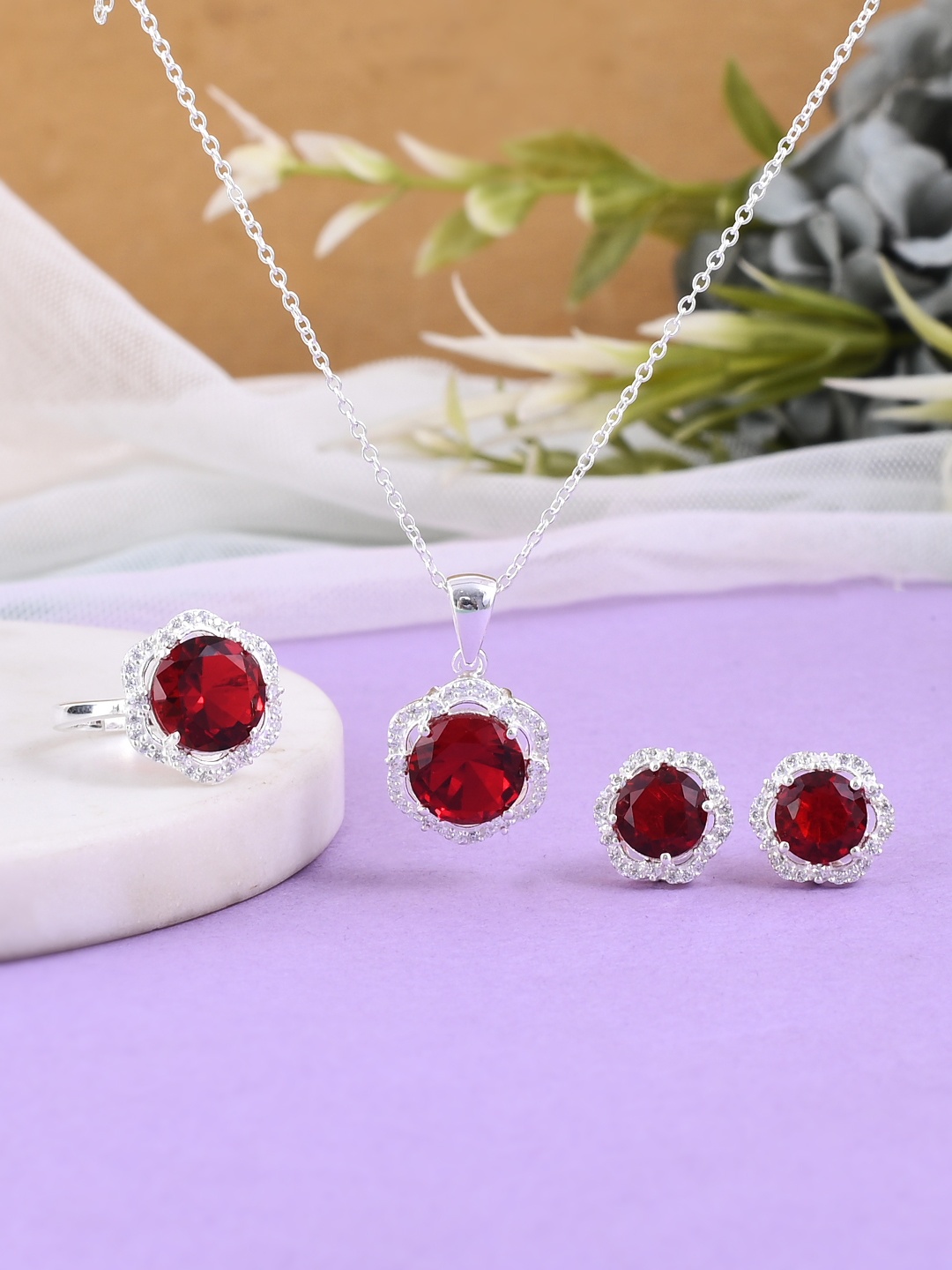 

Studio Voylla 925 Sterling Silver Red Stones-Studded Designer Jewellery Set