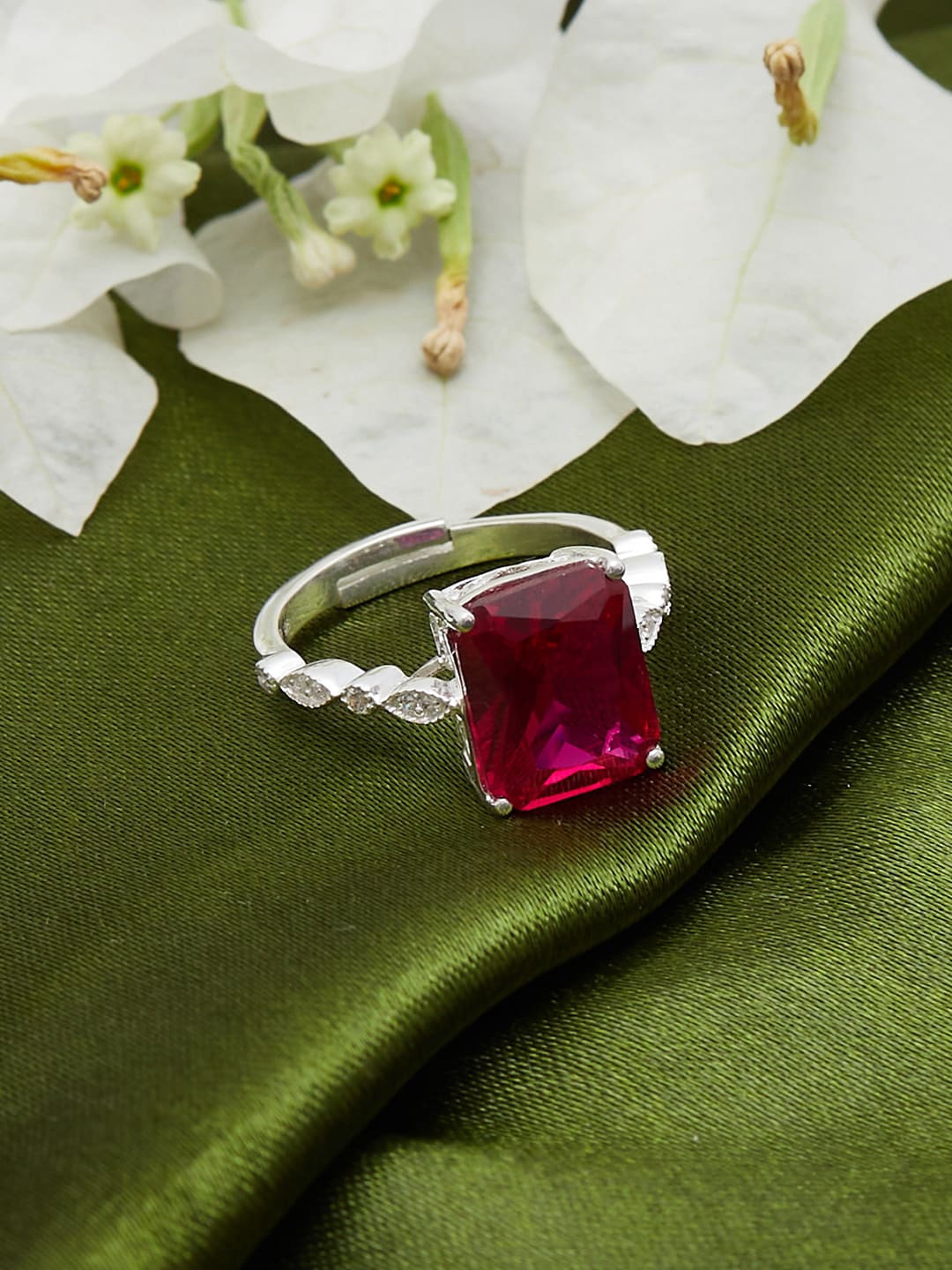 

Voylla Women Silver-Toned Red Stone Studded Ring