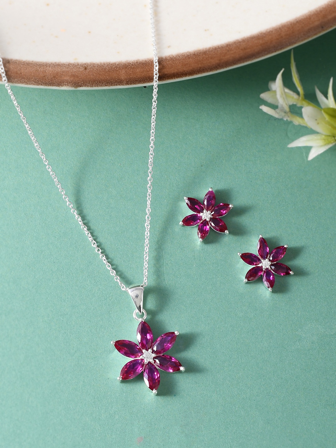 

Studio Voylla Pink 925 Sterling Silver Stone-Studded Pendant Chain With Earrings