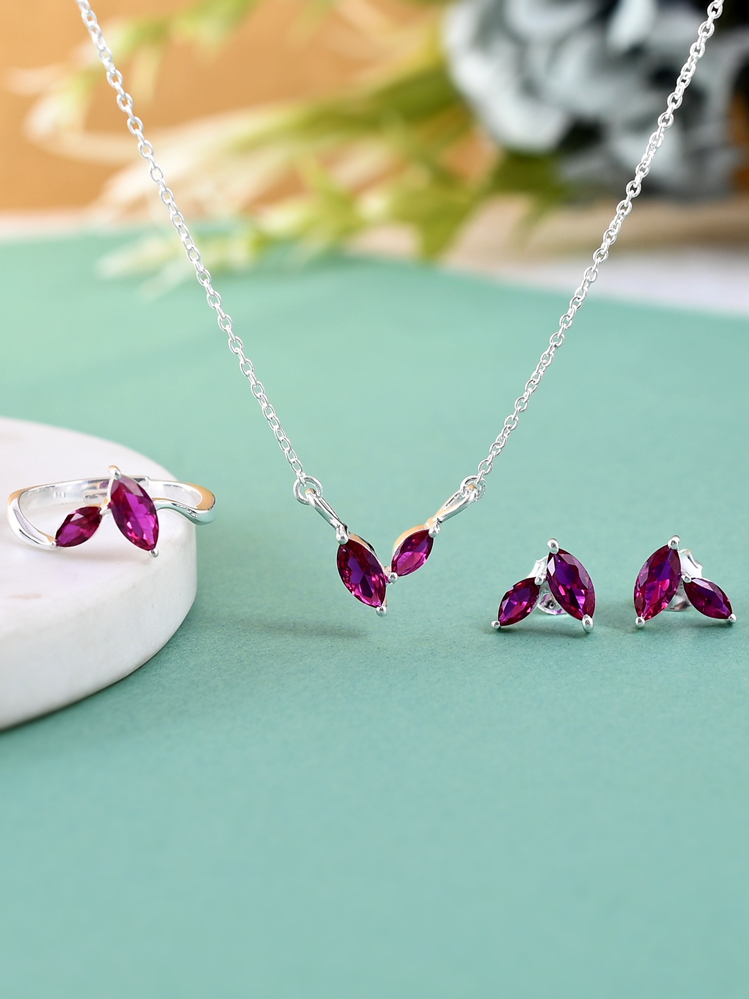 

Studio Voylla 925 Sterling Silver Pink Jewellery Set