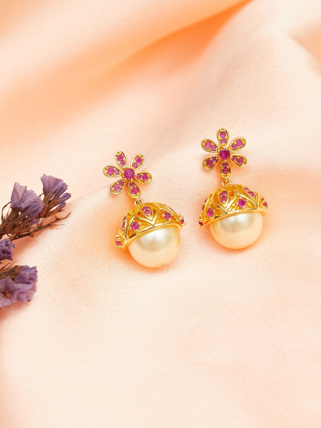 

Voylla Gold-Toned & Pink Contemporary Drop Earrings