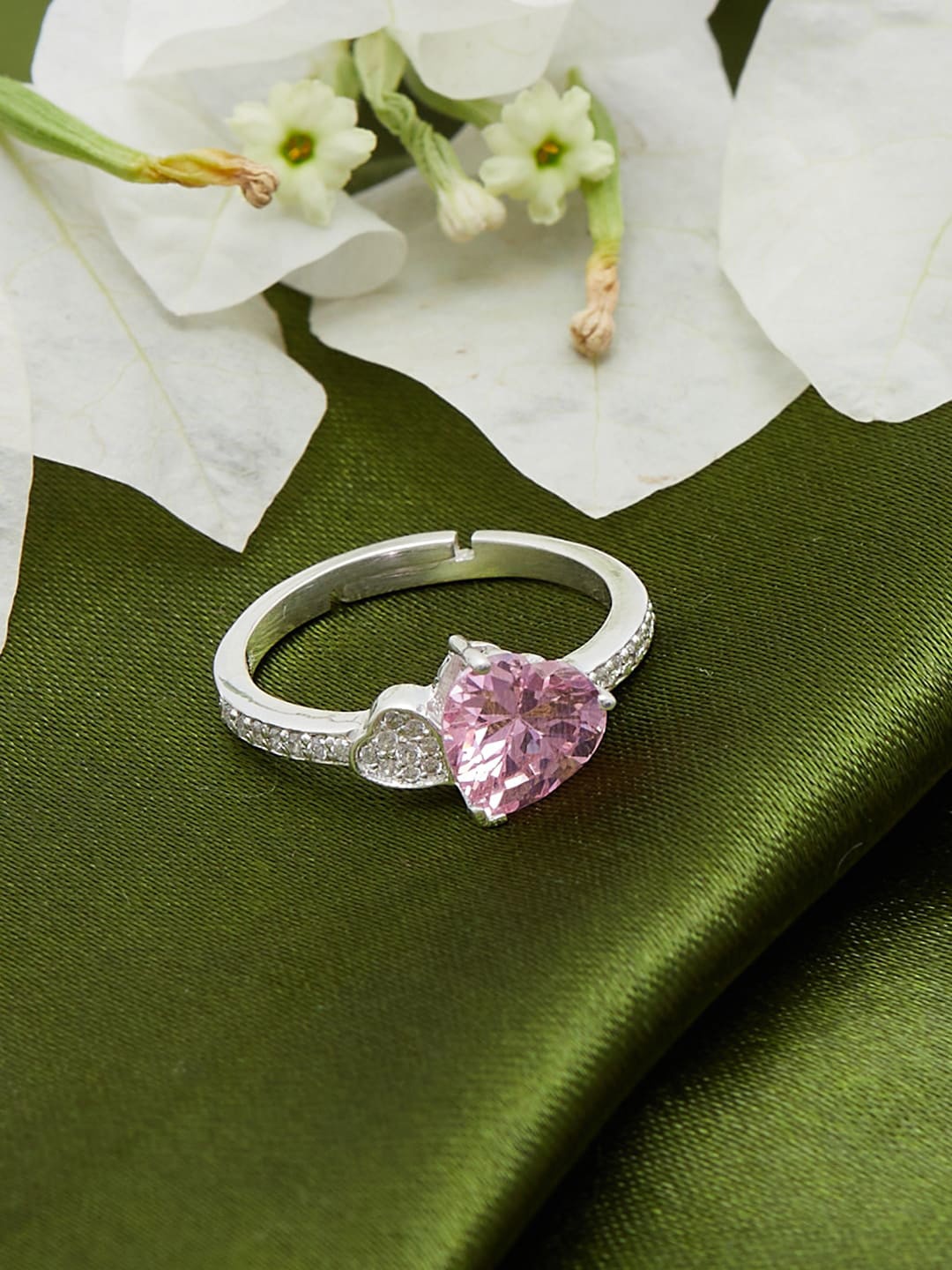 

Voylla Women 925 Sterling Silver Pink White Stone Studded Finger Ring