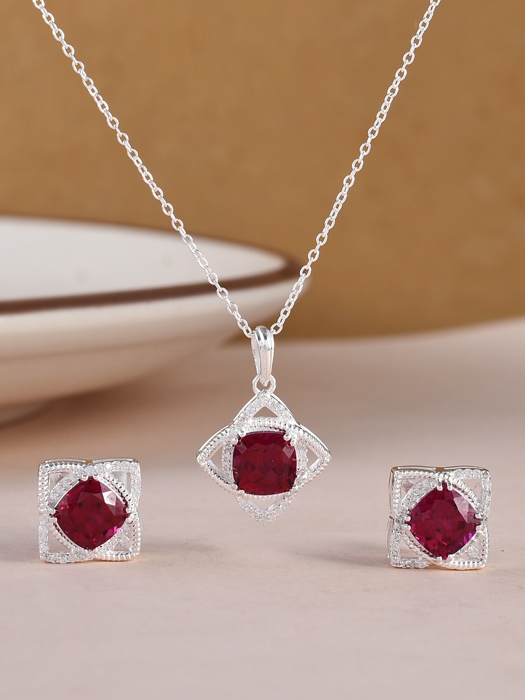 

Studio Voylla Women Red & Silver-Toned Sterling Silver Cubic Zirconia Pendant with Earrings