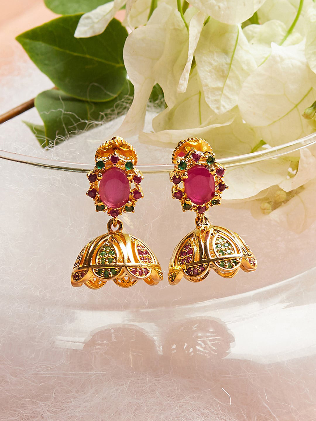 

Voylla Women Gold-Toned & Red American Diamond CZ Jhumkas