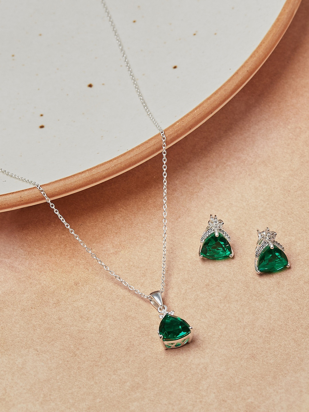 

Studio Voylla Women Green & Silver-Toned Sterling Silver Cubic Zirconia Pendant with Earrings