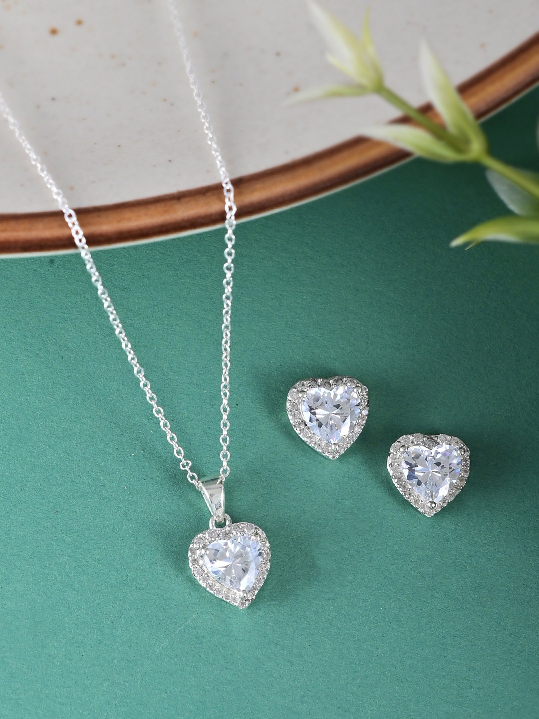 

Studio Voylla 925 Silver Sterling Heart-Shaped Pendant Set