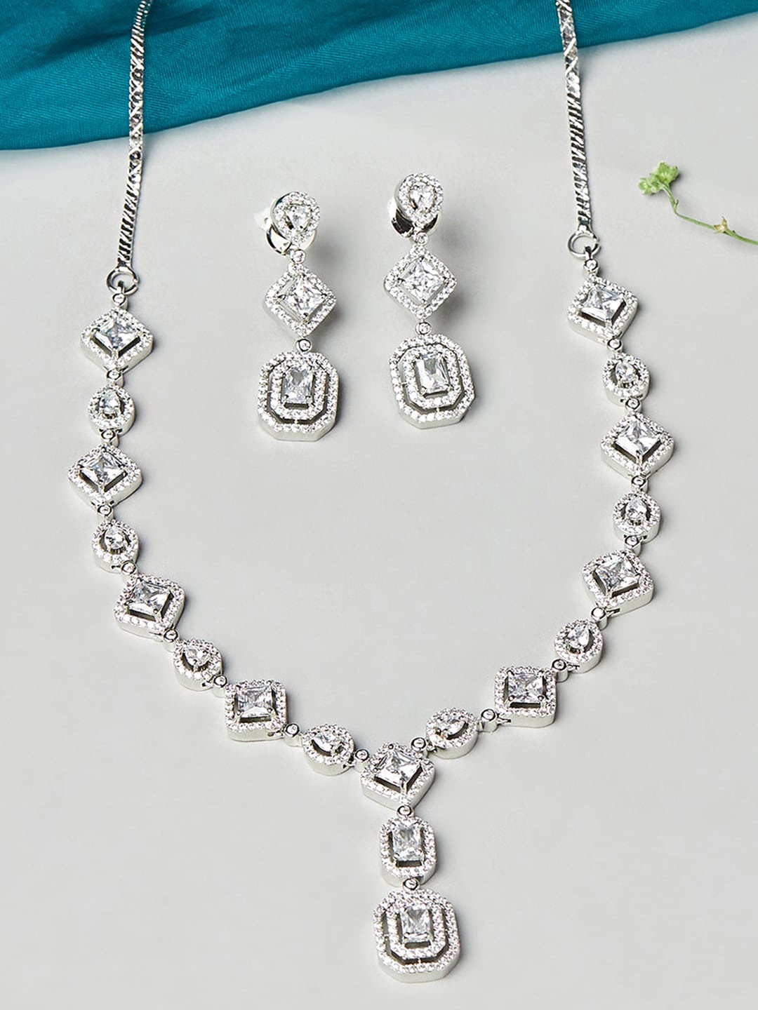 

Voylla Rhodium Plated White CZ-Studded Jewellery Set, Silver