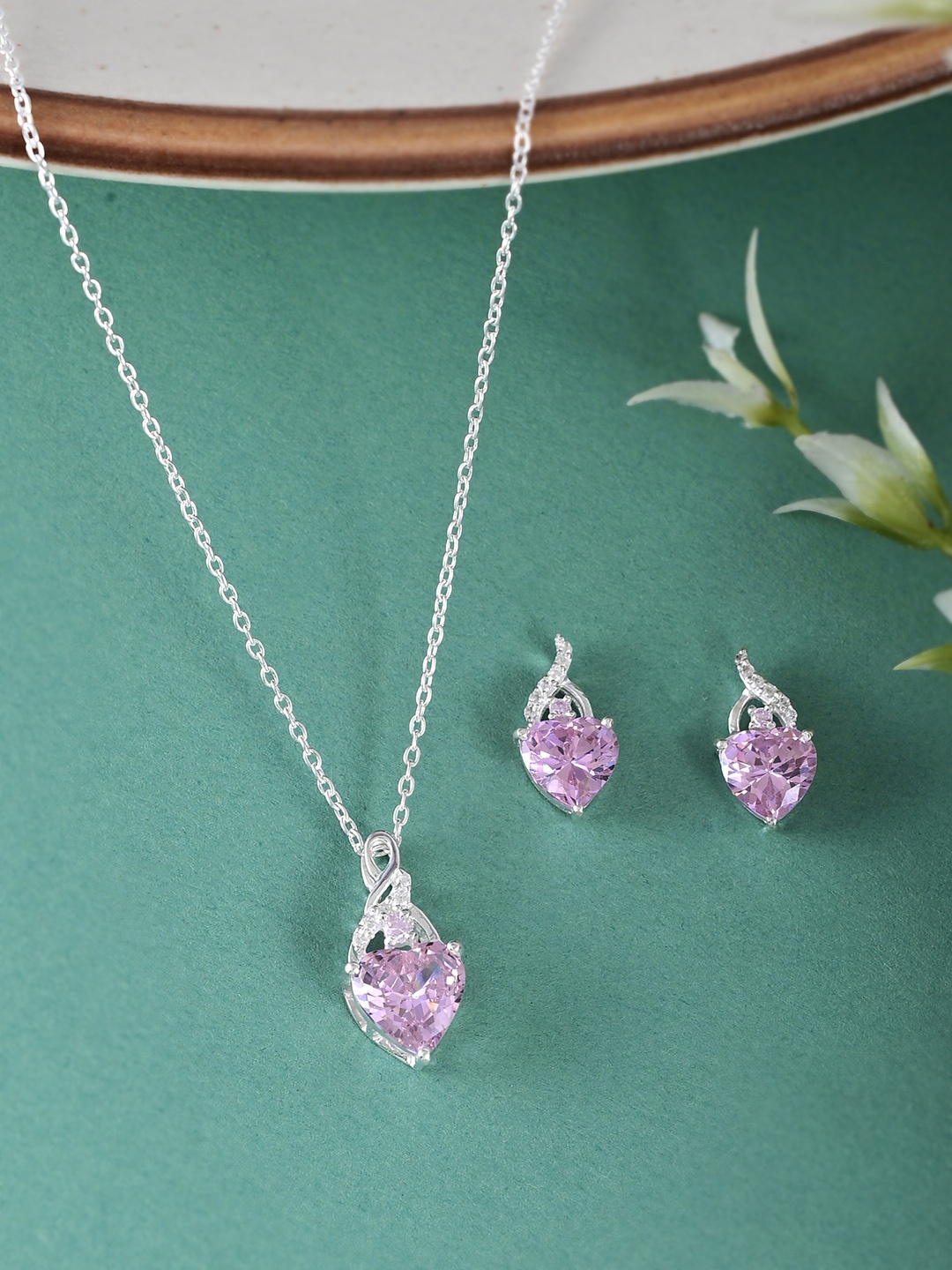 

Studio Voylla Women Pink Contemporary 925 Sterling Silver Pendant with Earrings