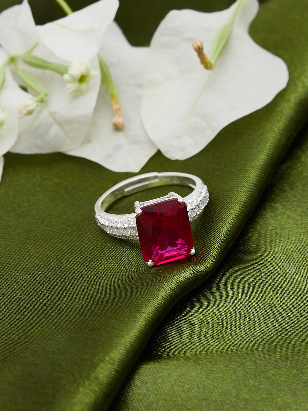

Voylla Silver-Plated Red & White Stone Studded Ring