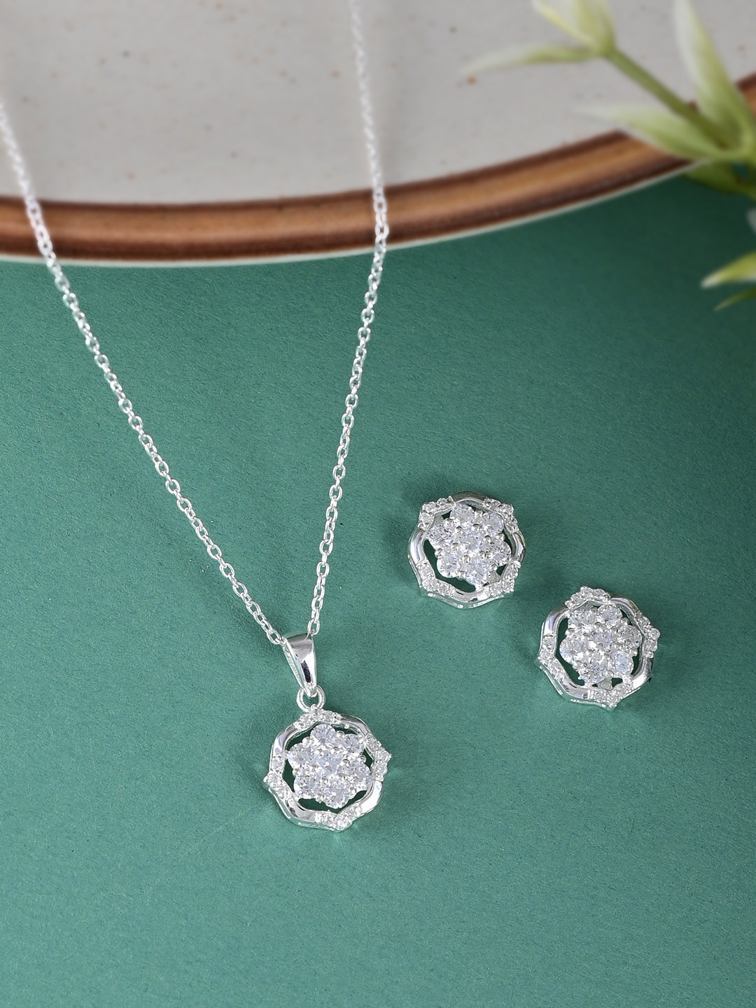 

Studio Voylla 925 Sterling Silver White Cubic Zirconia Studded Pendant Set
