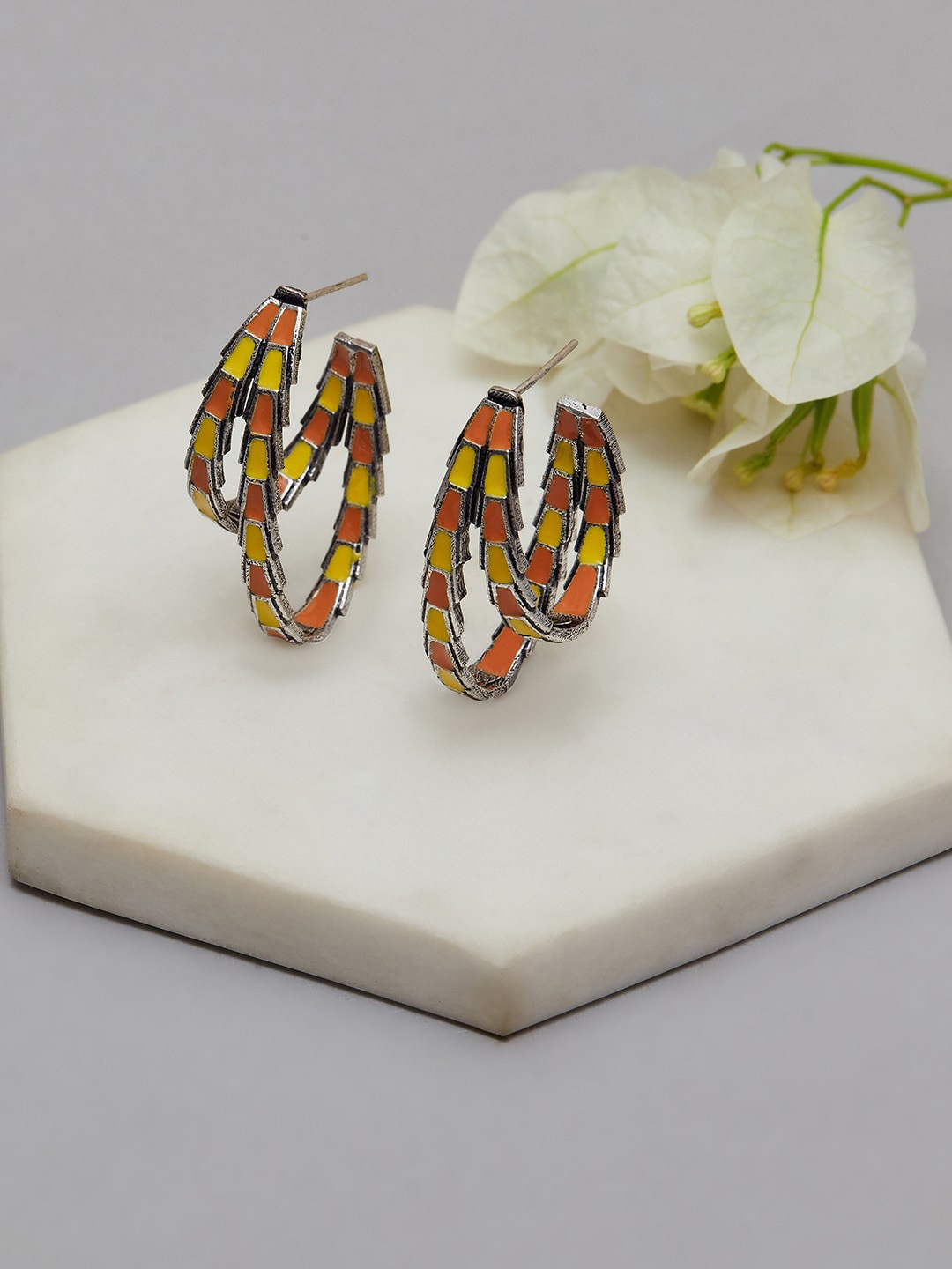 

Voylla Silver-Toned & Yellow Contemporary Half Hoop Earrings