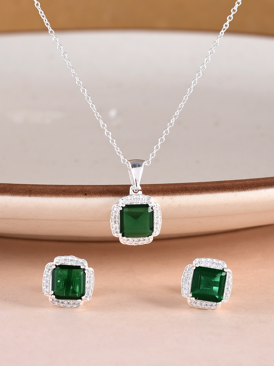 

Studio Voylla Green & Silver-Toned 925 Sterling Silver CZ-Studded Square Jewellery Set