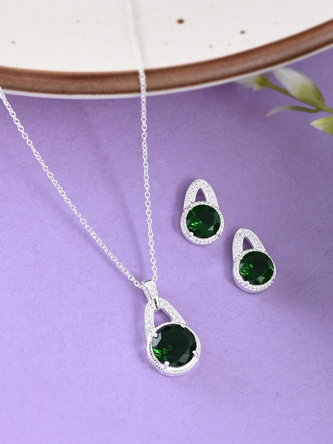 

Studio Voylla Green 925 Silver Sterling Stone Studded Jewellery Set