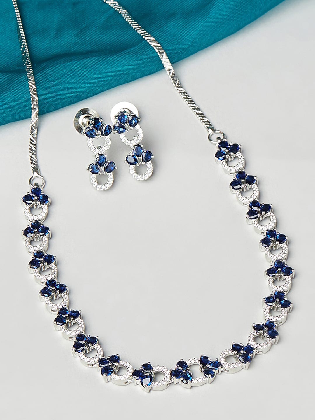 

Voylla Rhodium-Plated Silver-Toned Blue CZ Studded Jewellery Set