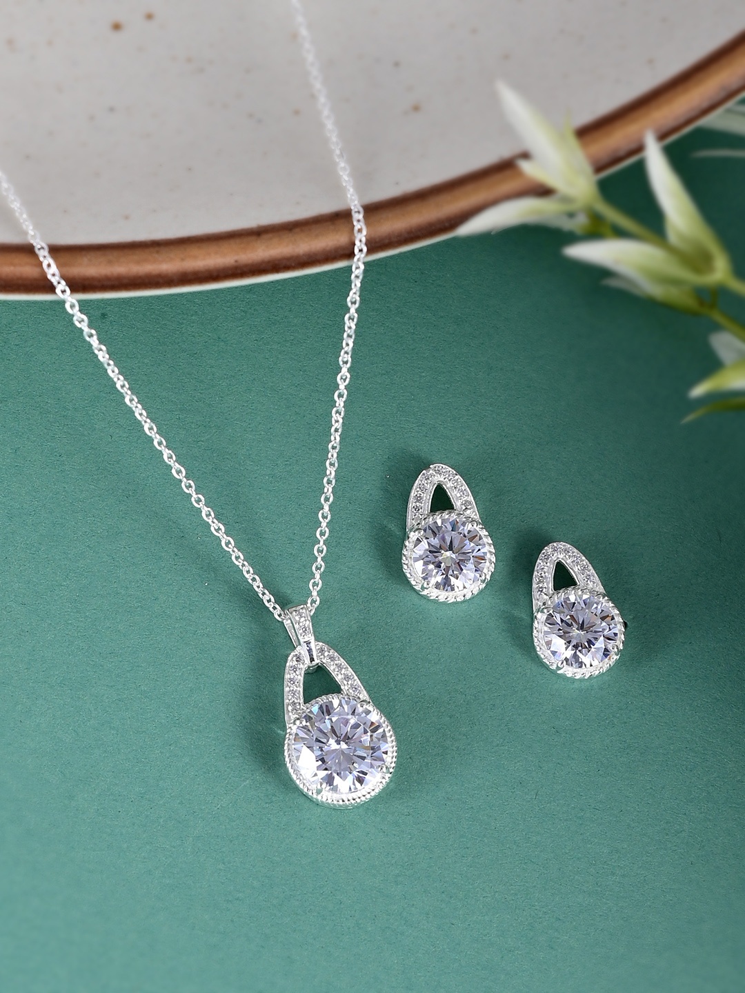 

Studio Voylla 925 Sterling Silver Chain CZ Stone-Studded Pendant Set