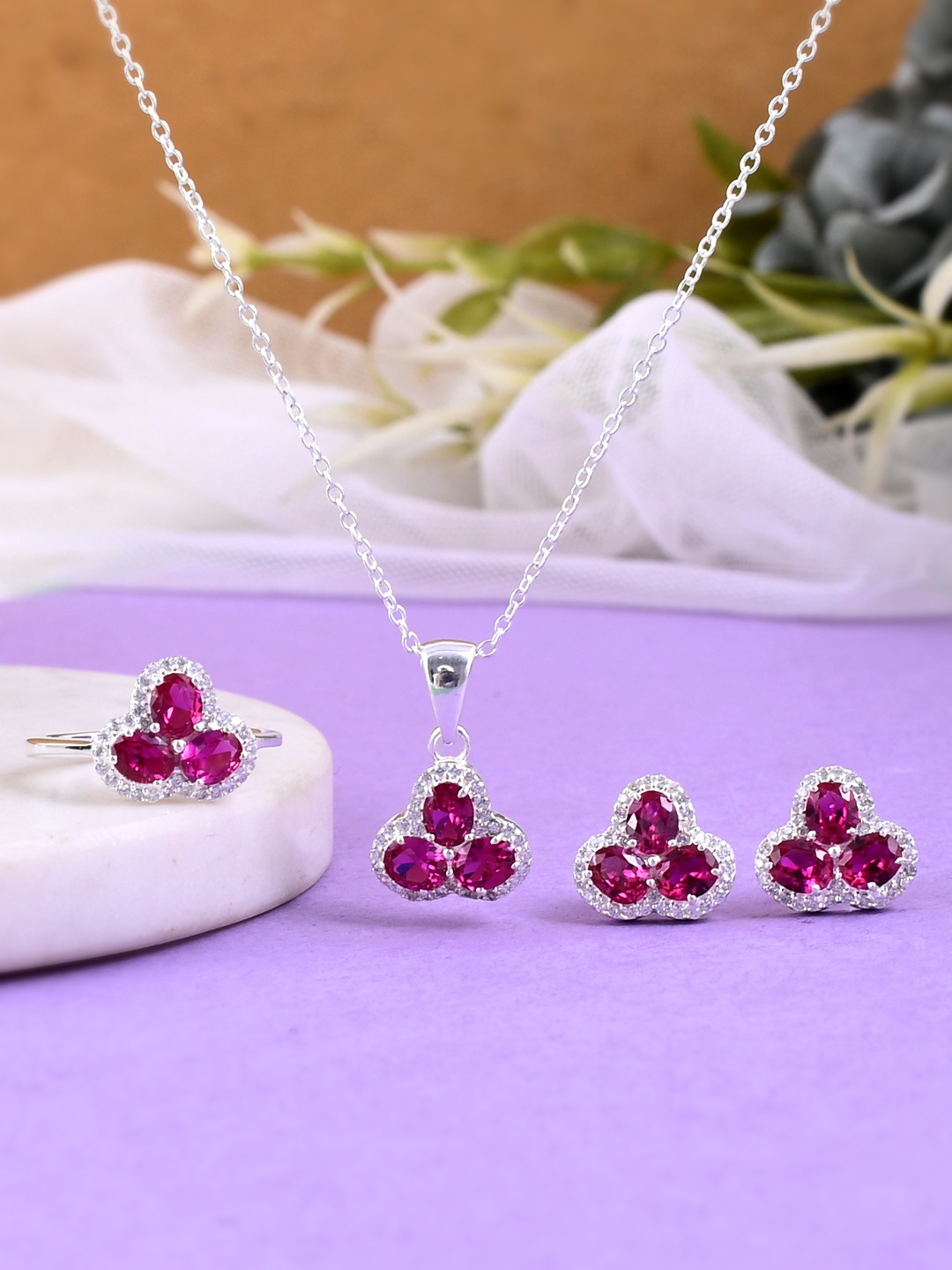 

Studio Voylla 925 Sterling Silver Pink Stone Studded Jewellery Set