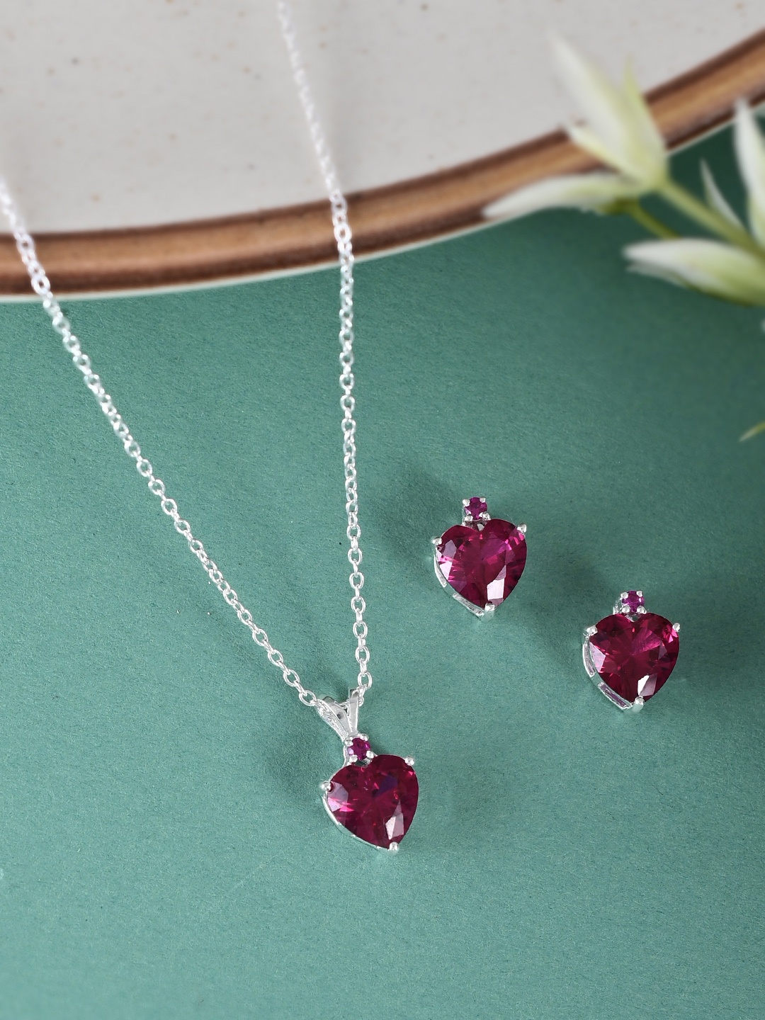 

Studio Voylla Red 925 Sterling Silver CZ-Studded Heart-Shaped Jewellery Set
