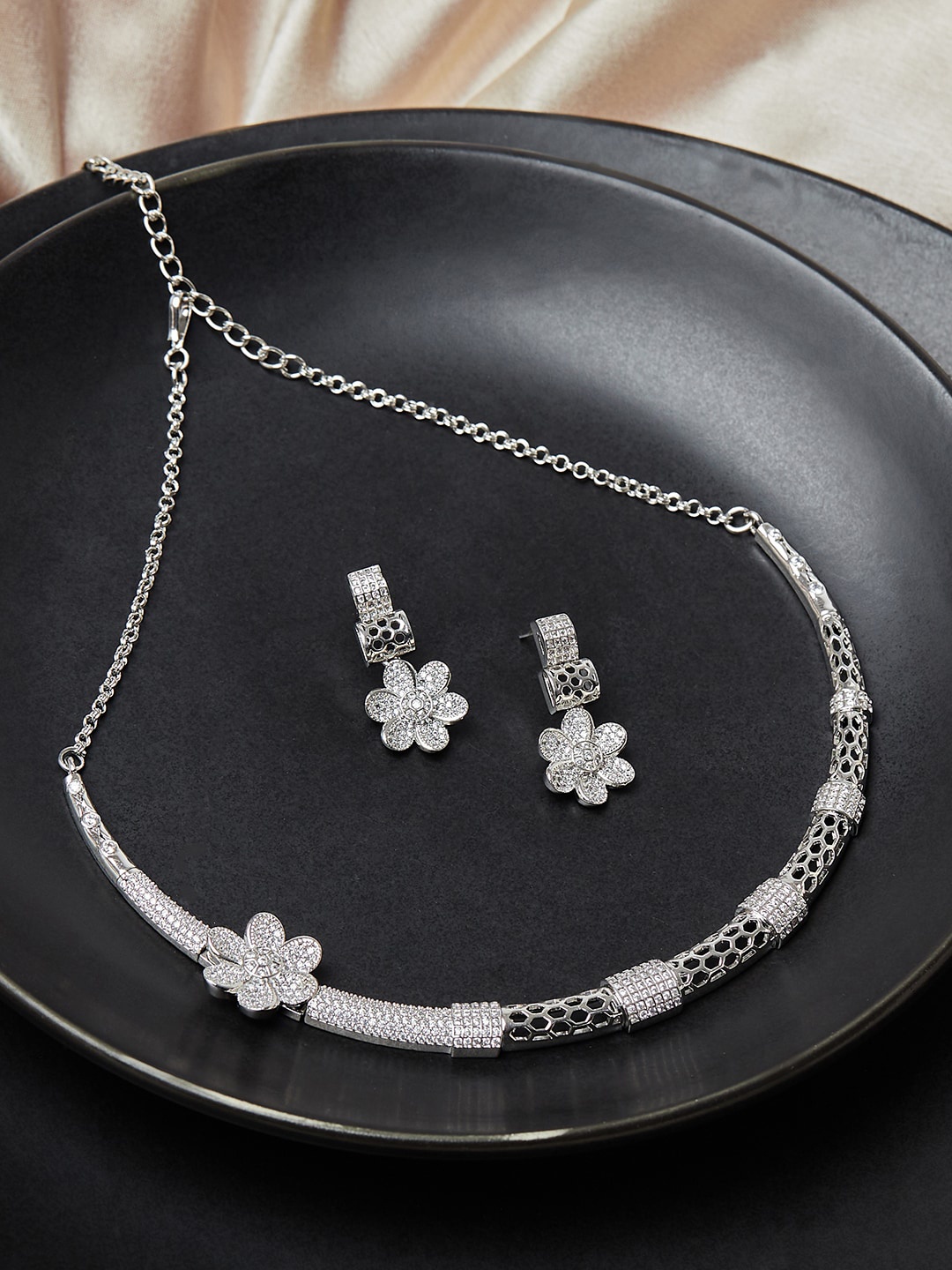 

Voylla Rhodium-Plated Silver-Toned & White Stone-Studded Jewellery Set