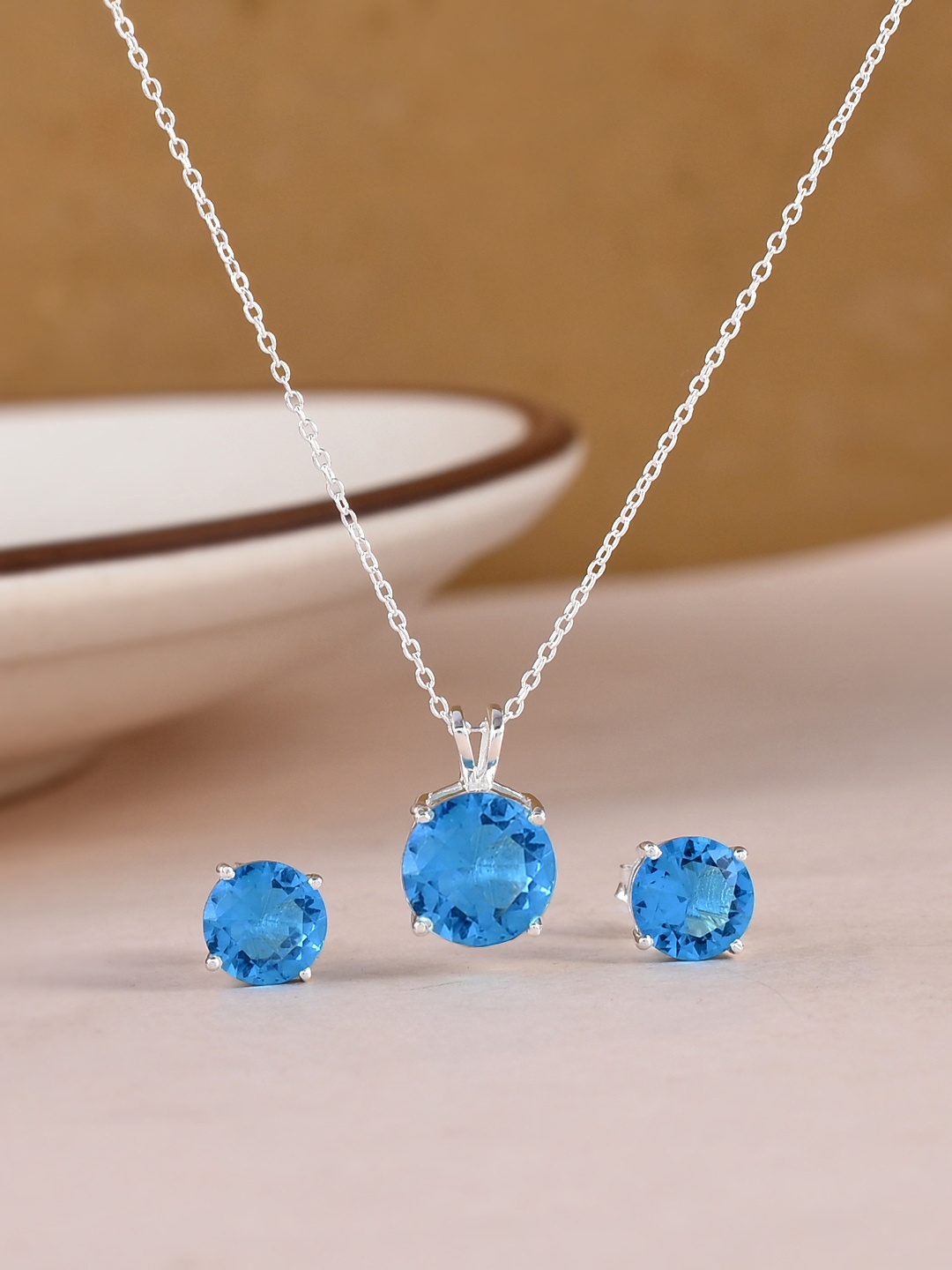 

Studio Voylla 925 Sterling Silver Turquoise Blue Stone Studded Pendant Earrings Set