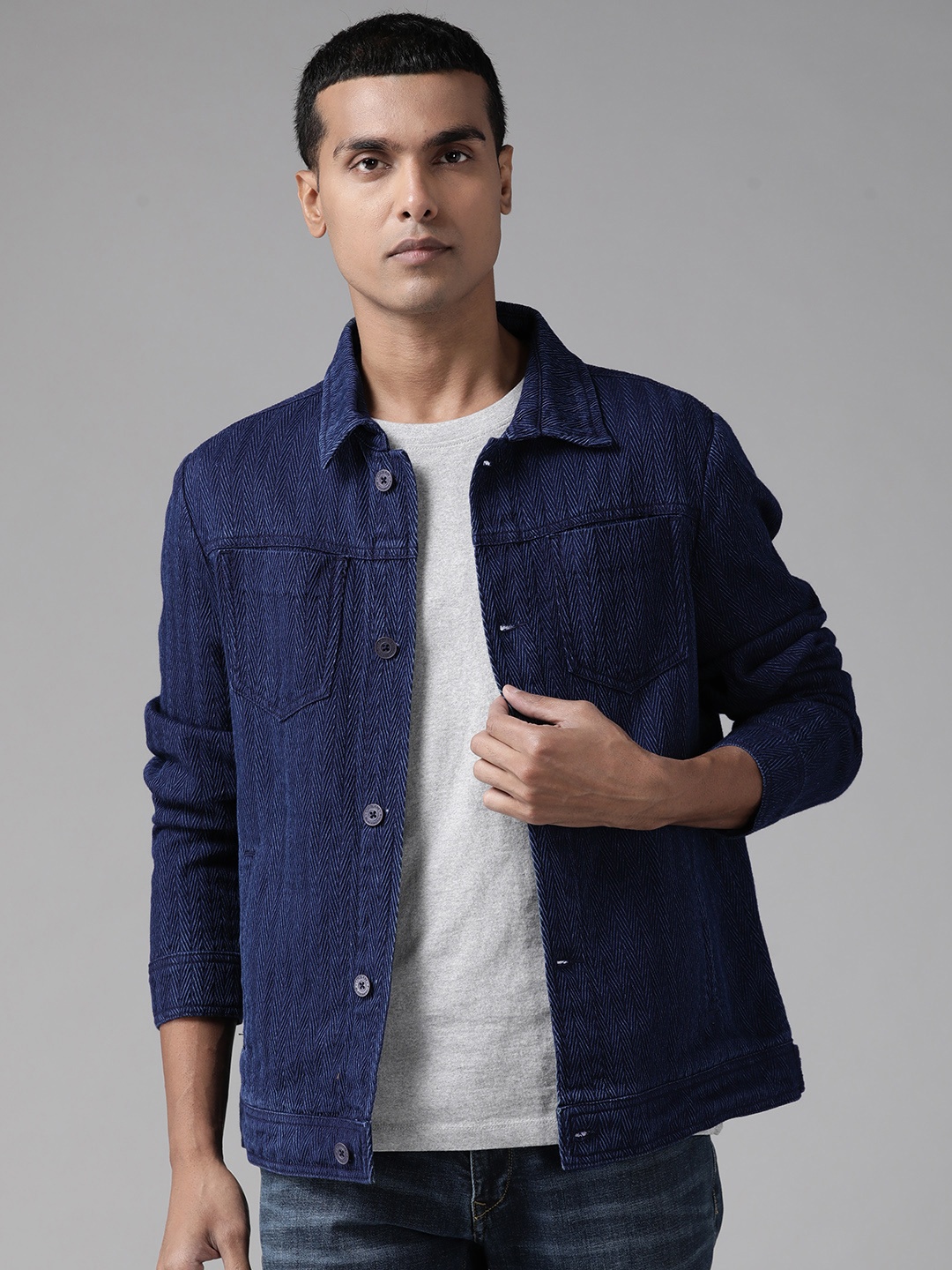 

Blackberrys Men Navy Blue Self Design Pure Cotton Tailored Jacket