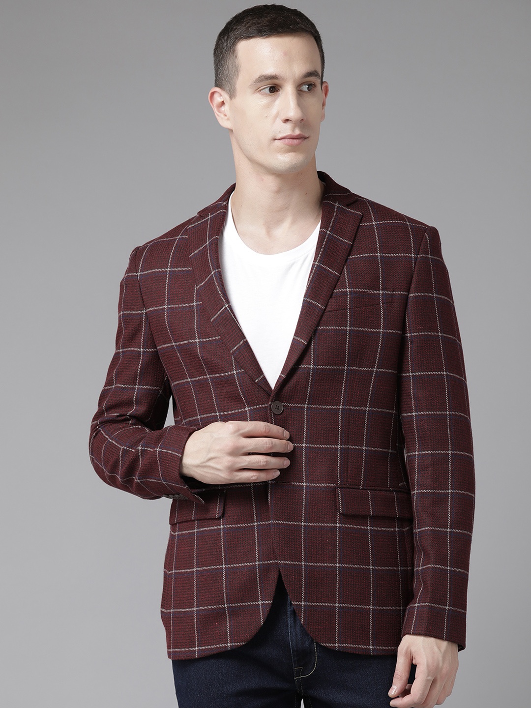 

Blackberrys Casuale Checked Single Breasted Slim-Fit Blazers, Burgundy