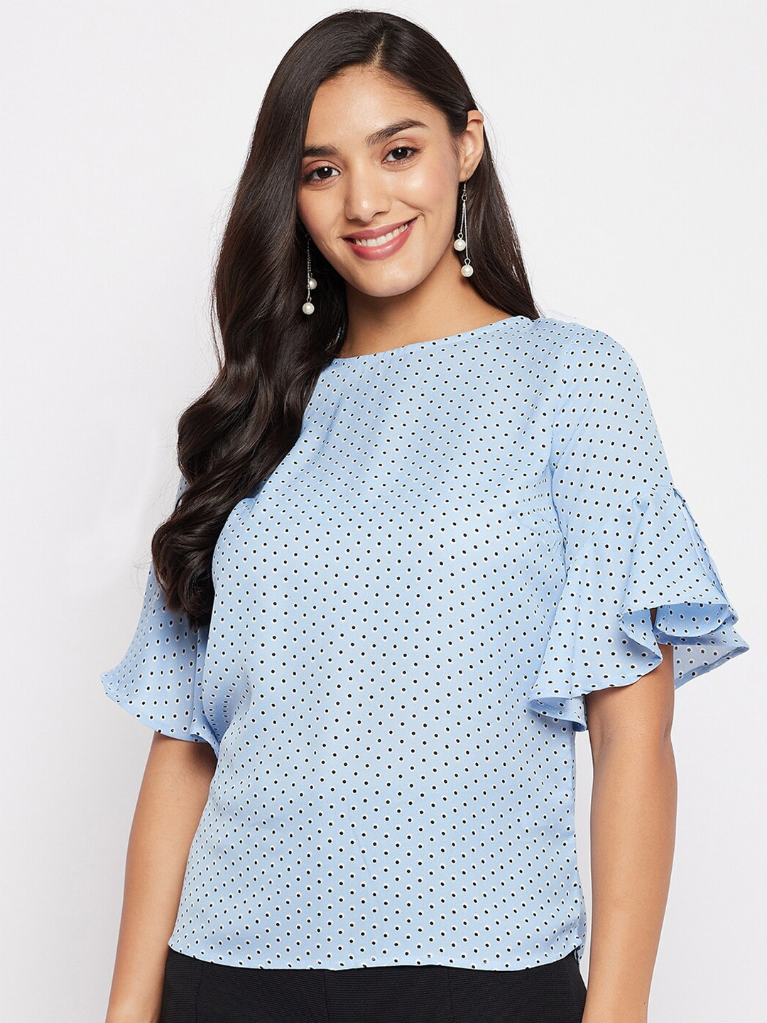 

Duke Women Blue & Black Polka Dots Printed Top
