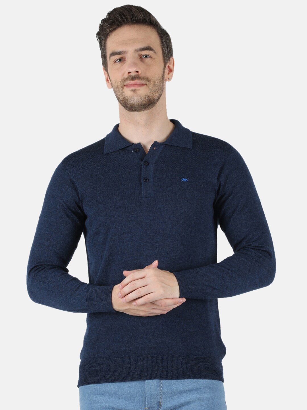 

Monte Carlo Men Blue Polo Collar Pure Wool Casual T-shirt