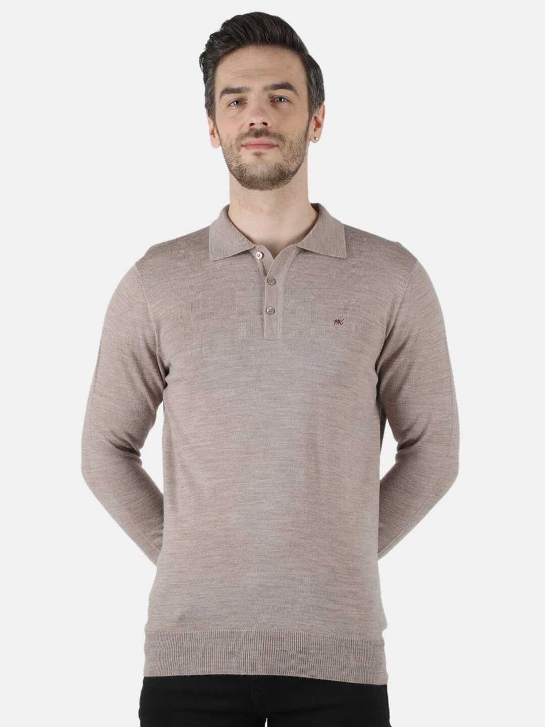 

Monte Carlo Men Beige Polo Collar Solid Woolen T-shirt