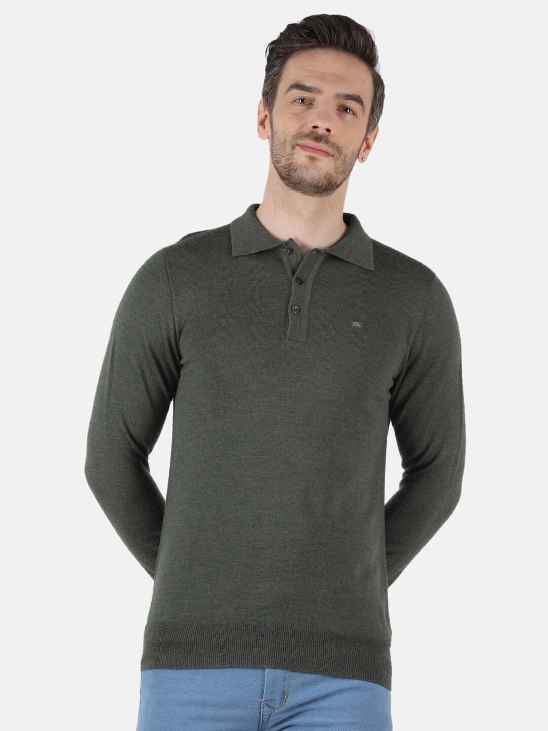 

Monte Carlo Men Olive Green & gargoyle Polo Collar Drop-Shoulder Sleeves T-shirt