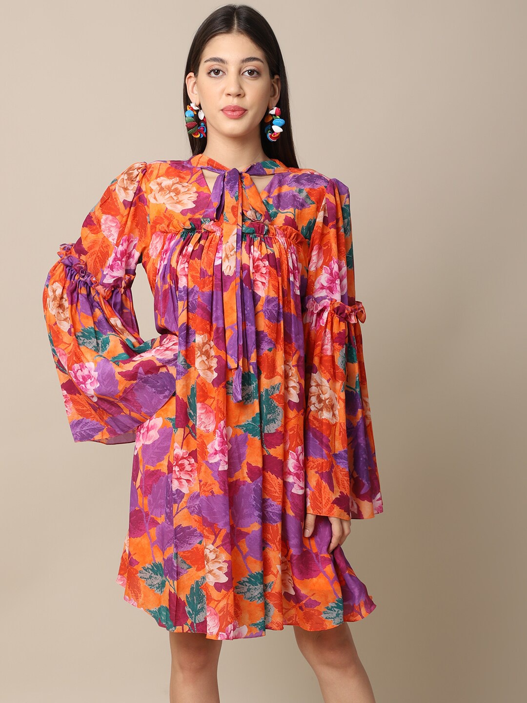 

ewoke Orange Floral Tie-Up Neck Crepe A-Line Dress