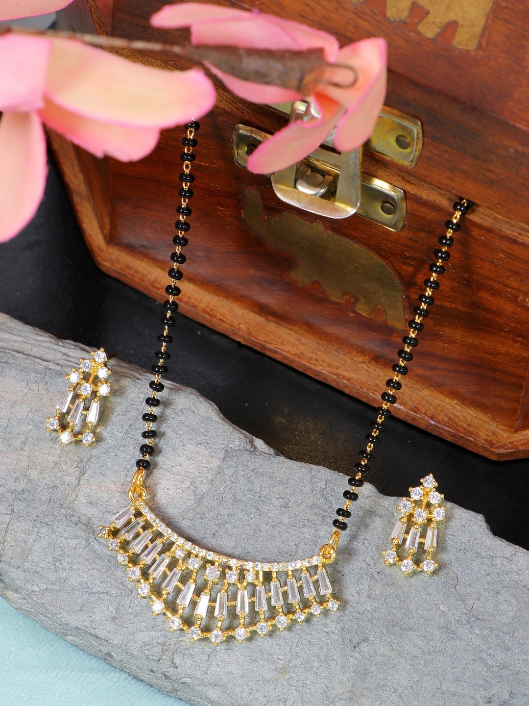 

SwaDev Gold-Plated Black & White AD-Studded & Beaded Mangalsutra With Earrings
