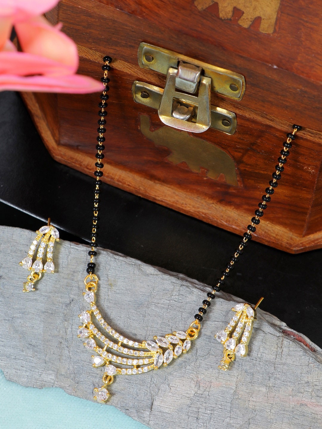 

SwaDev Gold-Plated AD-Studded Mangalsutra With Earrings