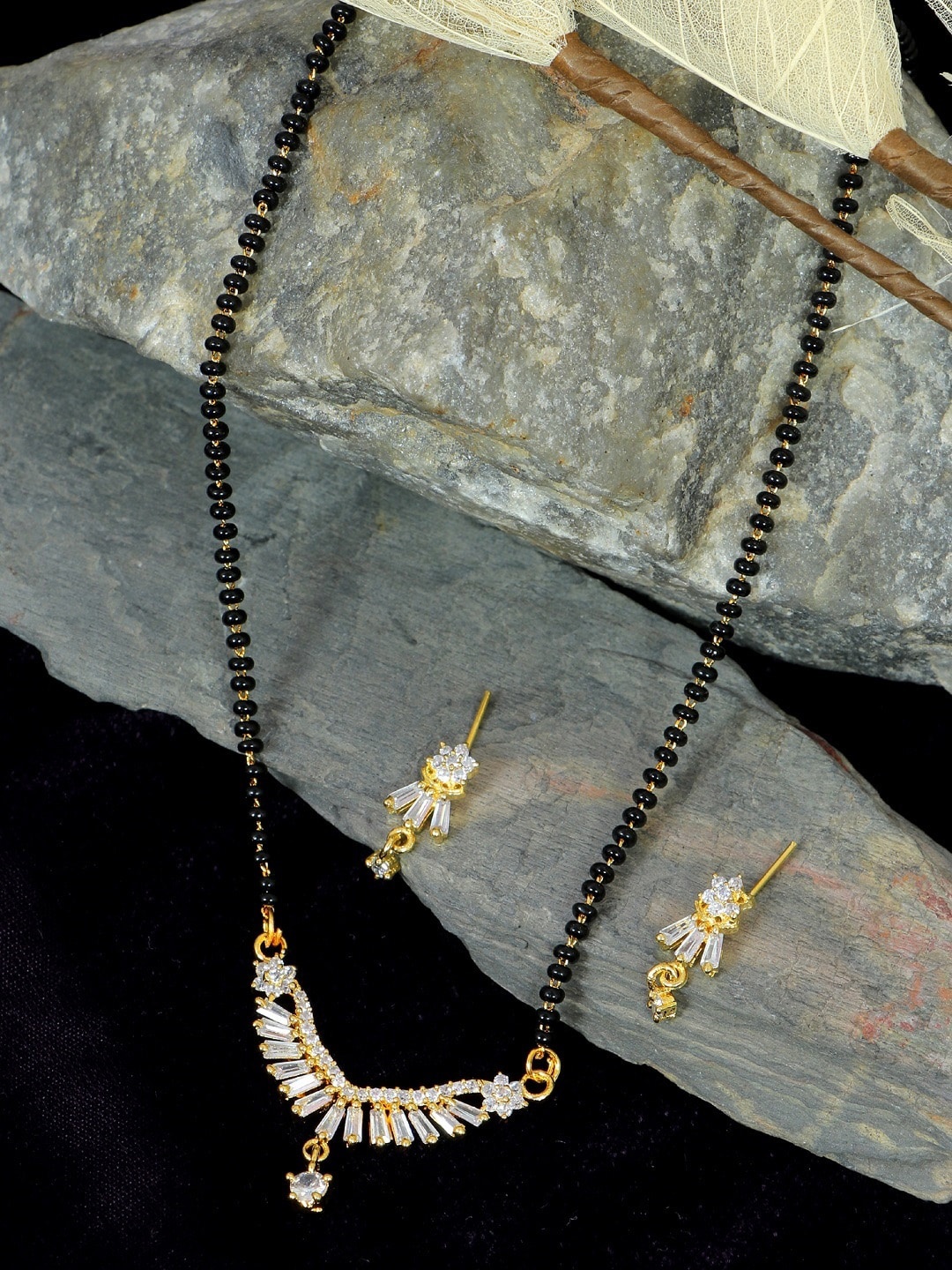 

SwaDev Gold-Plated & White AD Studded Mangalsutra With Earrings