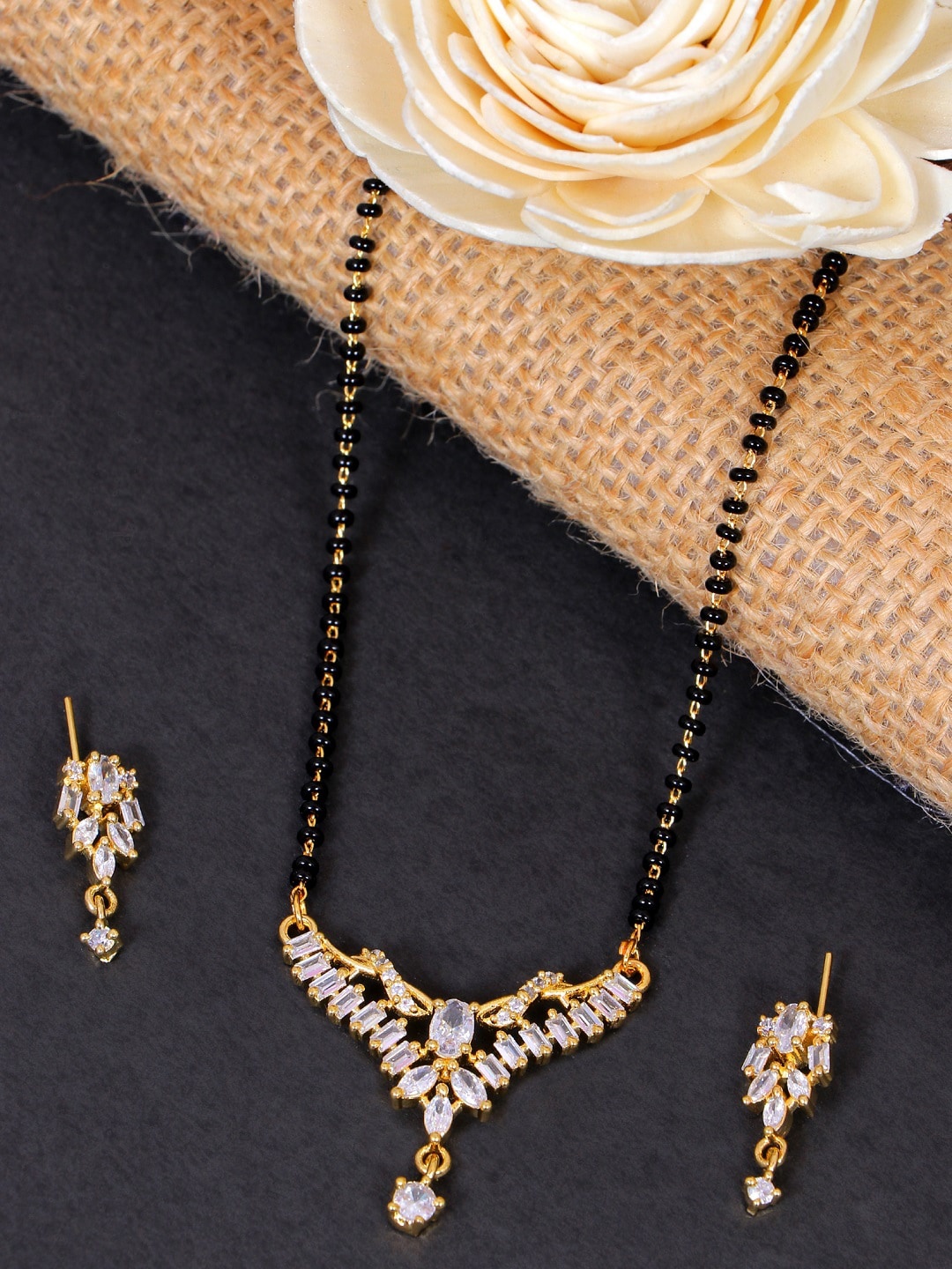 

SwaDev Women Gold-Plated Black Beaded & AD Studded Dual Chain Mangalsutra Set