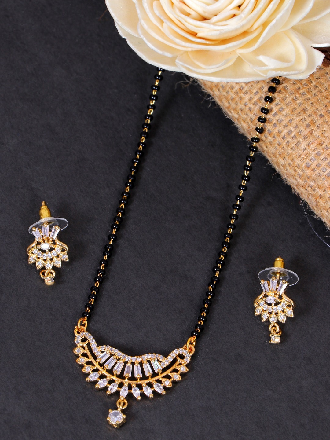 

SwaDev Black & Gold-Plated AD-Studded Mangalsutra With Earrings