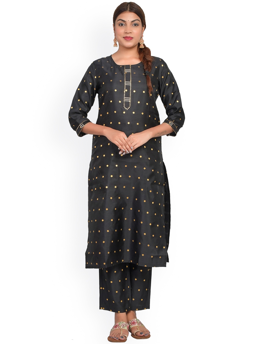 

Riara Women Black Printed Polka Dot Art Silk Kurta with Trousers